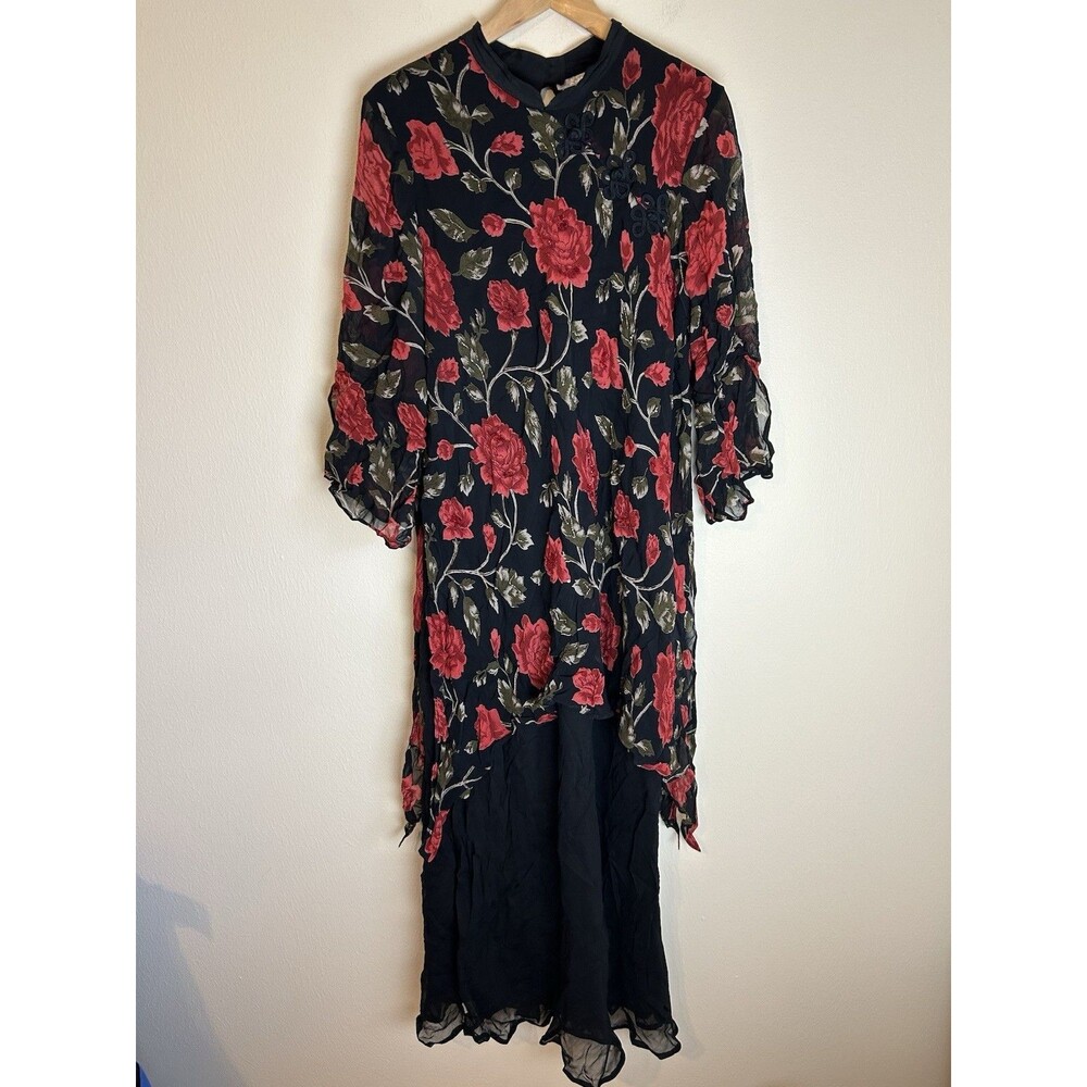 Pink Rose Black Asymmetrical Tiered Midi Dress